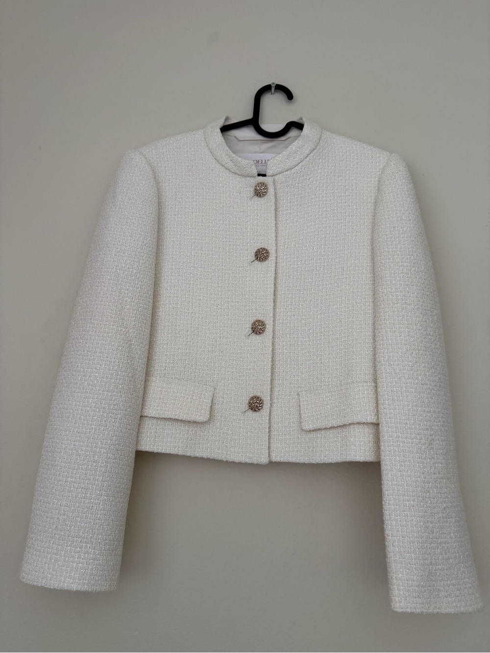 GOELIA Ivory Wool Blend Tweed Cropped Jacket Gold Buttons Size M